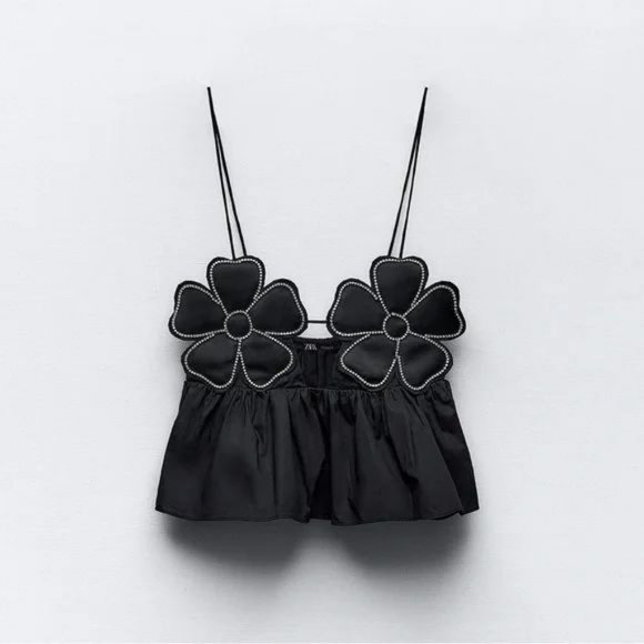 ZARA RHINESTONE FLORAL POPLIN TOP - Picture 8 of 16